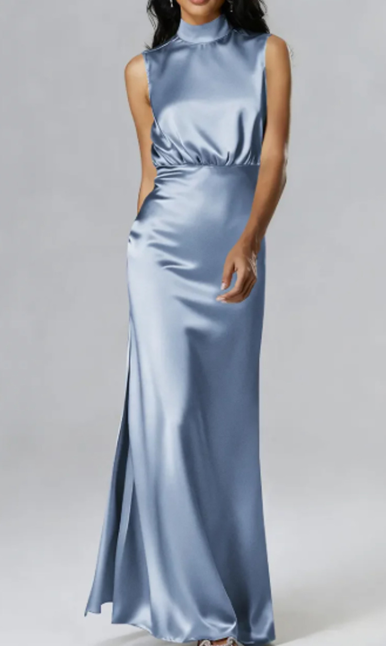 AW BRIDAL sz 6 S dusty blue crystal satin Maryjo formal party maxi dress NEW B23